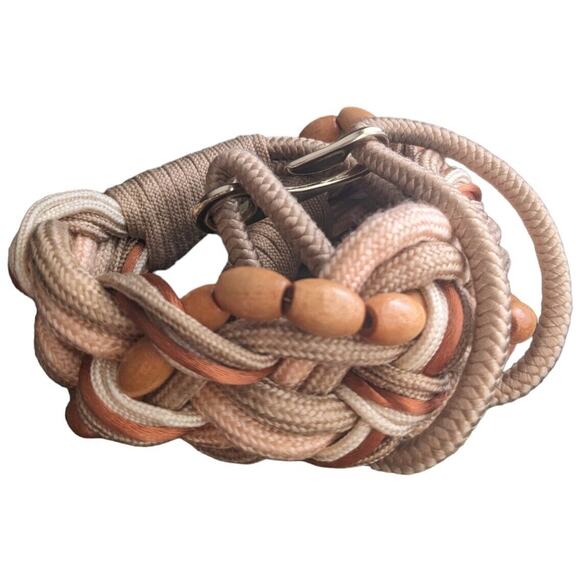 80s Macrame Belt Stretch 30-32" Earth Tones Satin Rope Wooden Beads VTG Boho - Picture 5 of 9